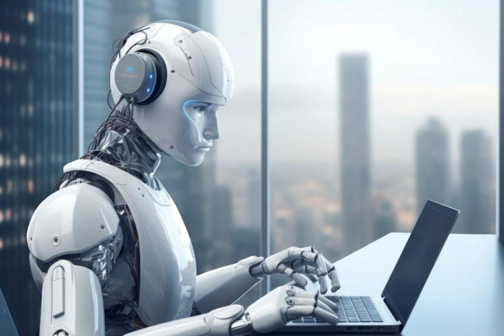 一個AI科技機器人坐在辦公桌前打電腦