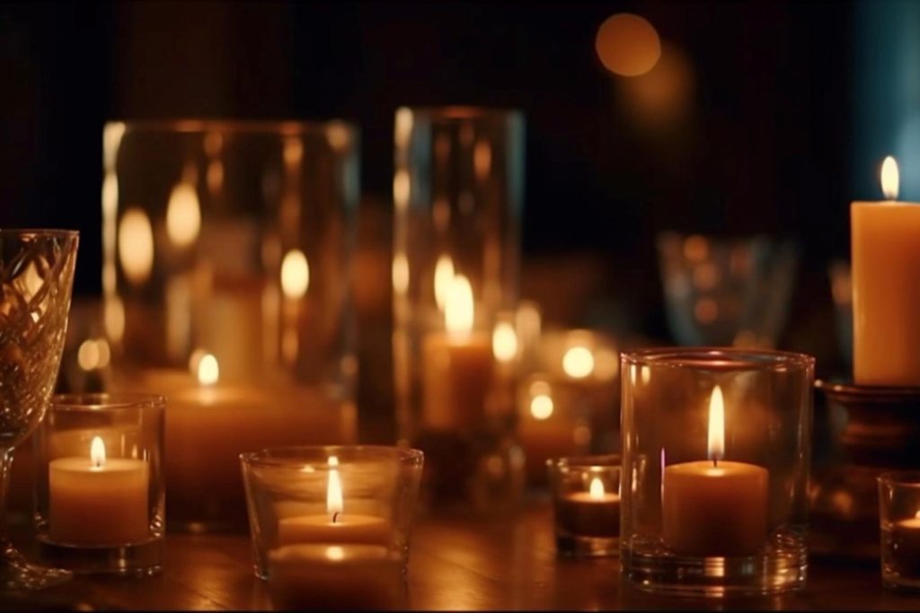 桌上擺了各式不同的蠟燭，每個蠟燭中都點燃起火苗，彷彿紀念著已經永別的故人