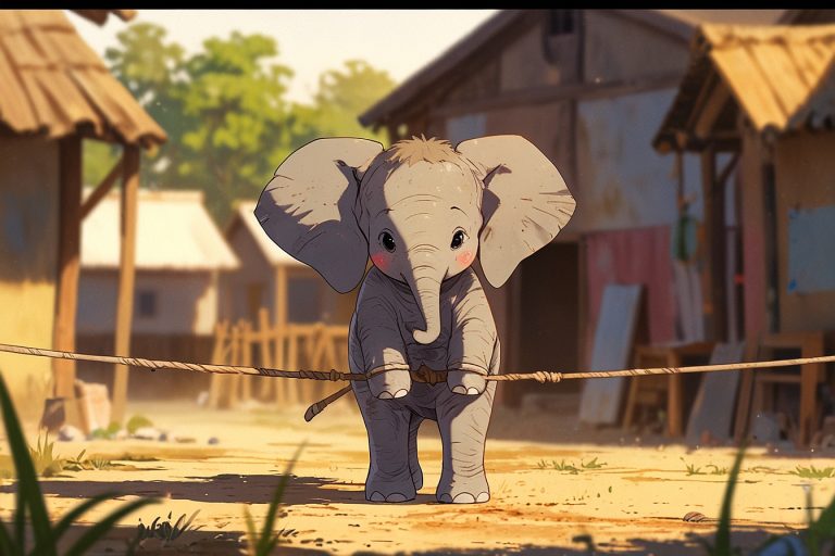 Leonardo Anime XL A young elephant tied to a small wooden stak 0 Leonardo Anime XL A young elephant tied to a small wooden stak 0