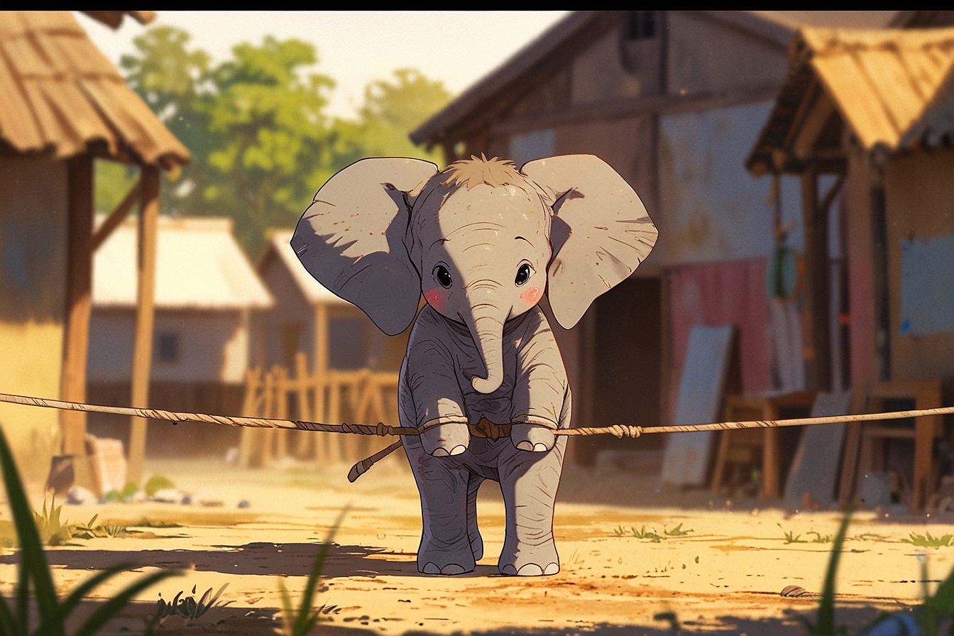 Leonardo Anime XL A young elephant tied to a small wooden stak 0