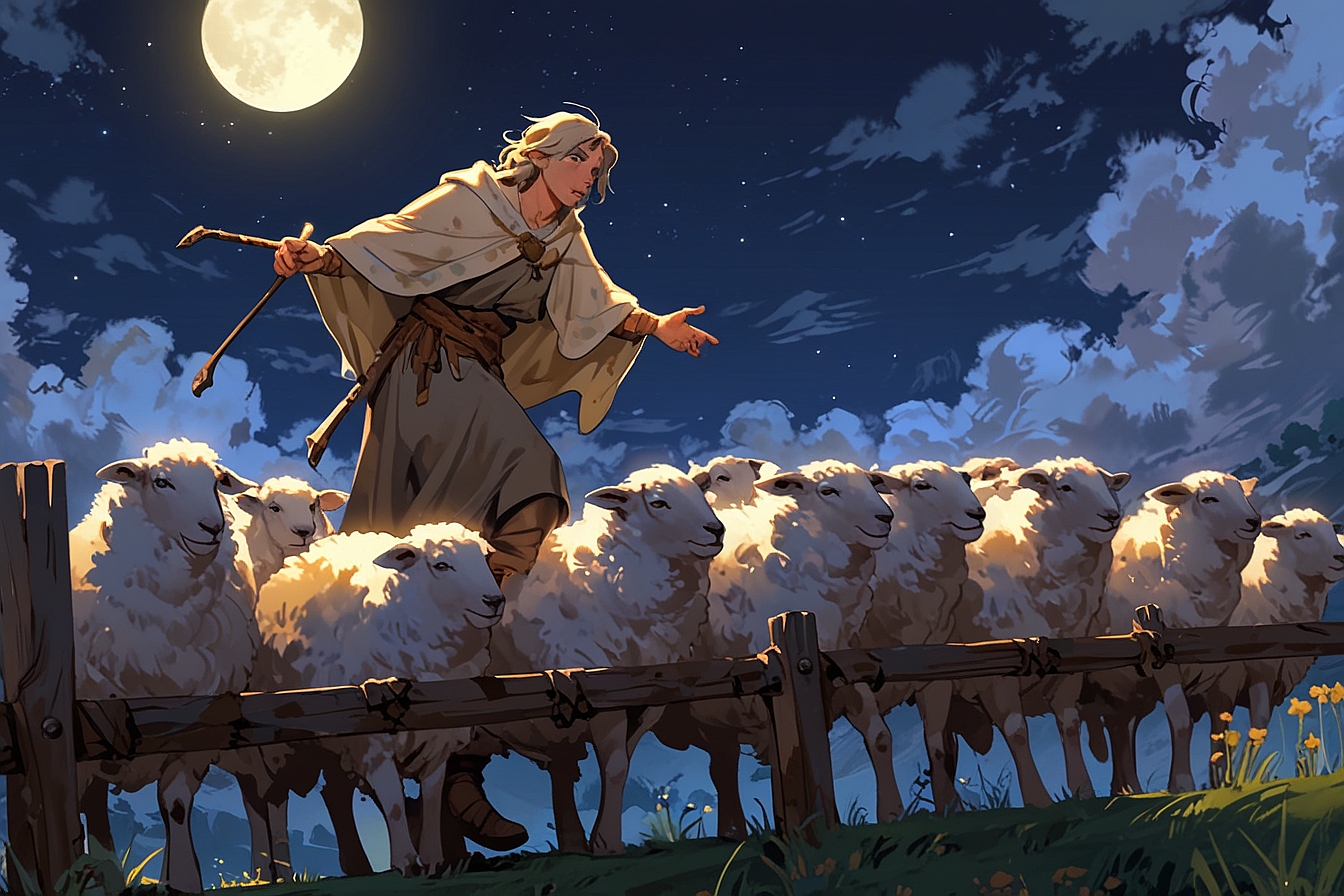 Leonardo Anime XL A medieval shepherd guiding fluffy white she 3