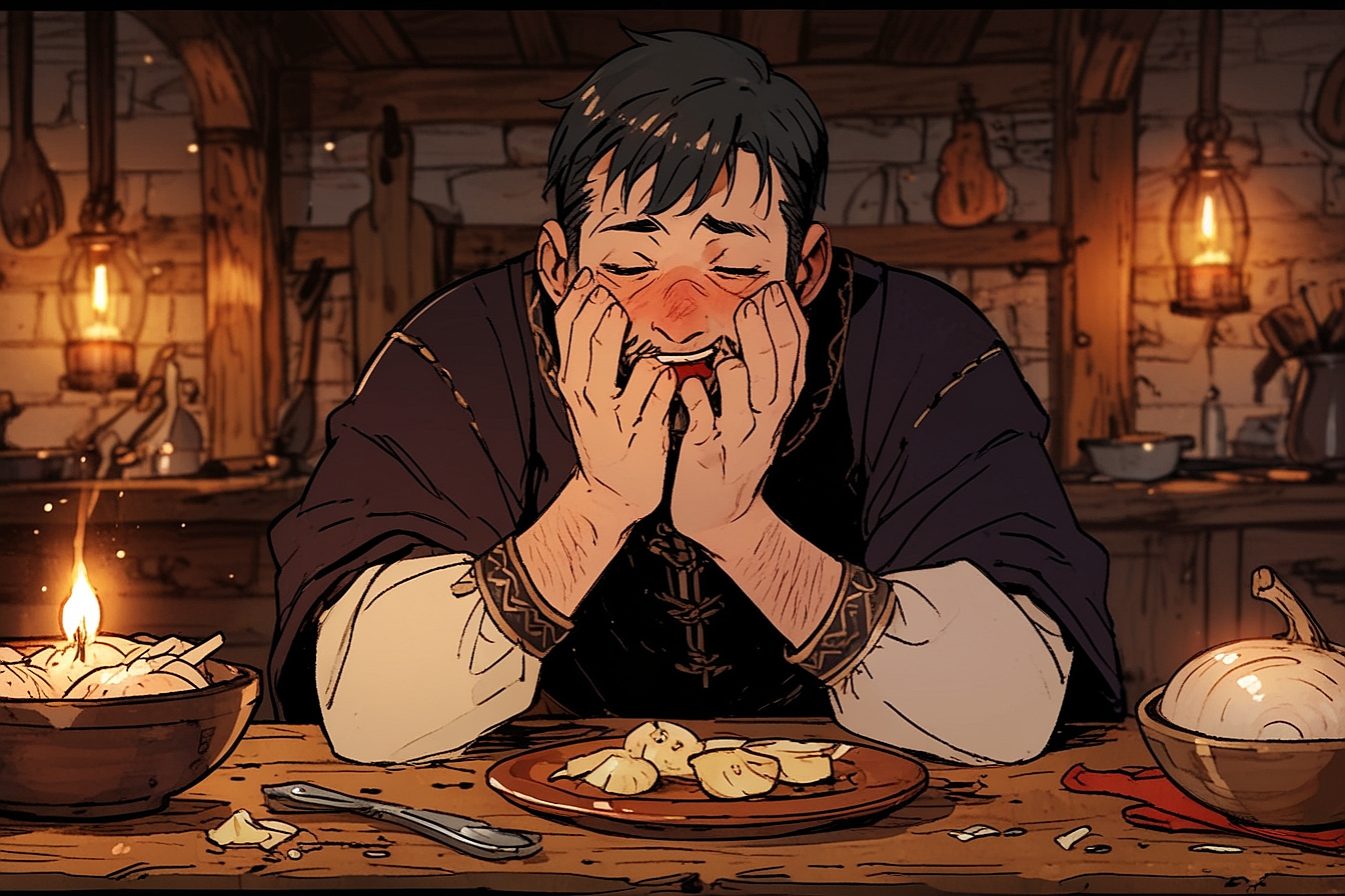 Leonardo Anime XL Medieval man chewing raw onions while crying 0